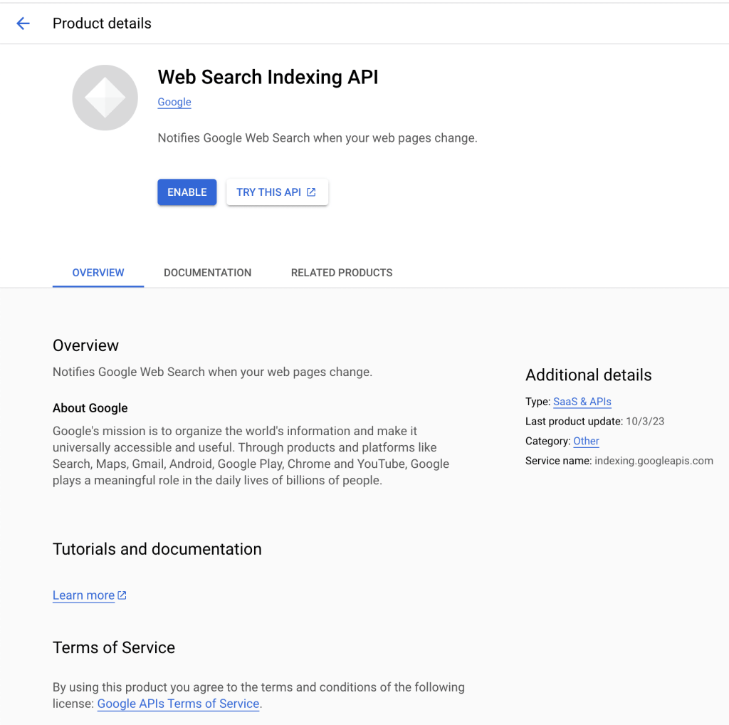 google web indexing api